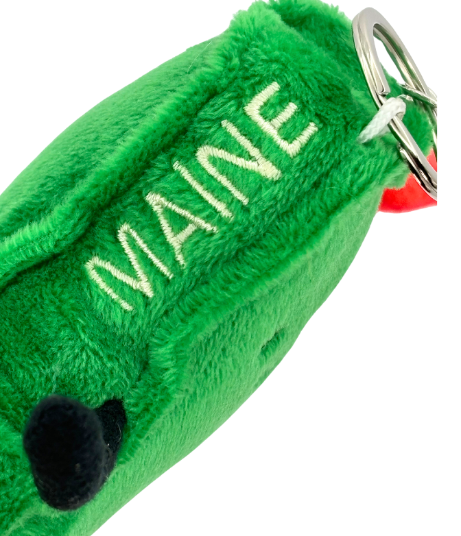 4-inch Maine-shaped plush bag charm mini with a tiny plush lobster, perfect for backpacks and keyrings with detailed stitching.