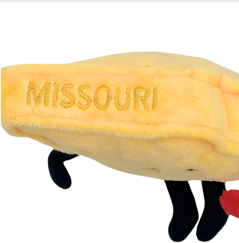 4-inch Missouri-shaped mini stuffed magnet, perfect for fridges and lockers with detailed stitching.