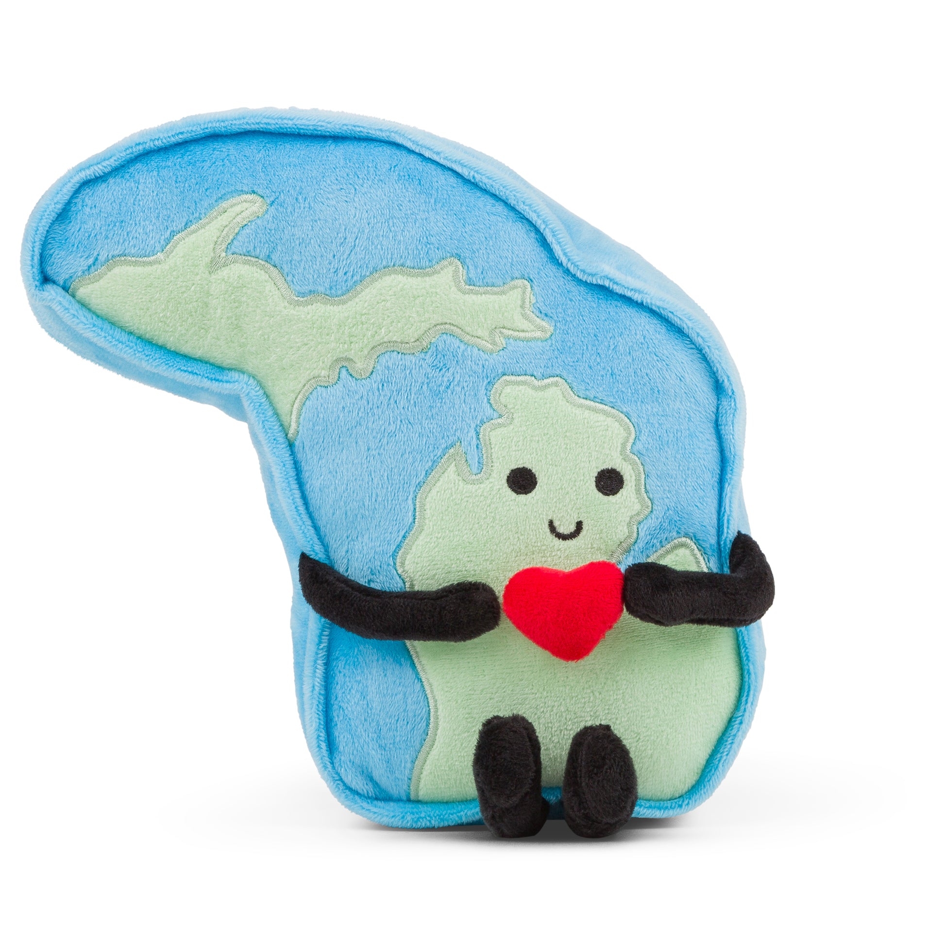 Michigan-shaped stuffed state plush, perfect for collectors and educational use with detailed stitching and soft materials.