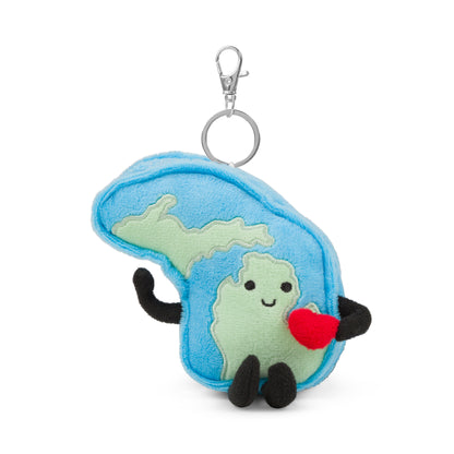 4-inch Michigan-shaped plush bag charm mini, perfect for backpacks and keyrings with detailed stitching